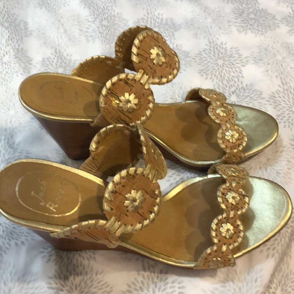 Beige Jack Rodgers sandals w/ gold trim., in box Worn once.  Excellent condition